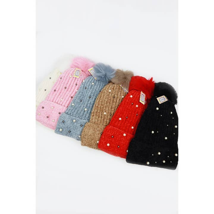 MIX COLOR Fur Lined Pom and Pearl Beanies for wholesale on Faire