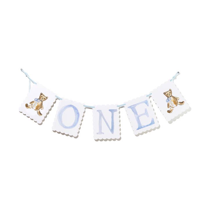 "ONE" Highchair Banner with Blue Teddy Bear End Pieces for wholesale by Over the Moon Gift