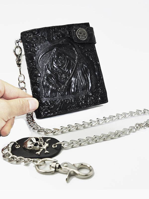 Tourtiwi - Vendita all'ingrosso Portafogli - Donna - Portafoglio a catena antifurto con teschio punk del Tristo Mietitore1