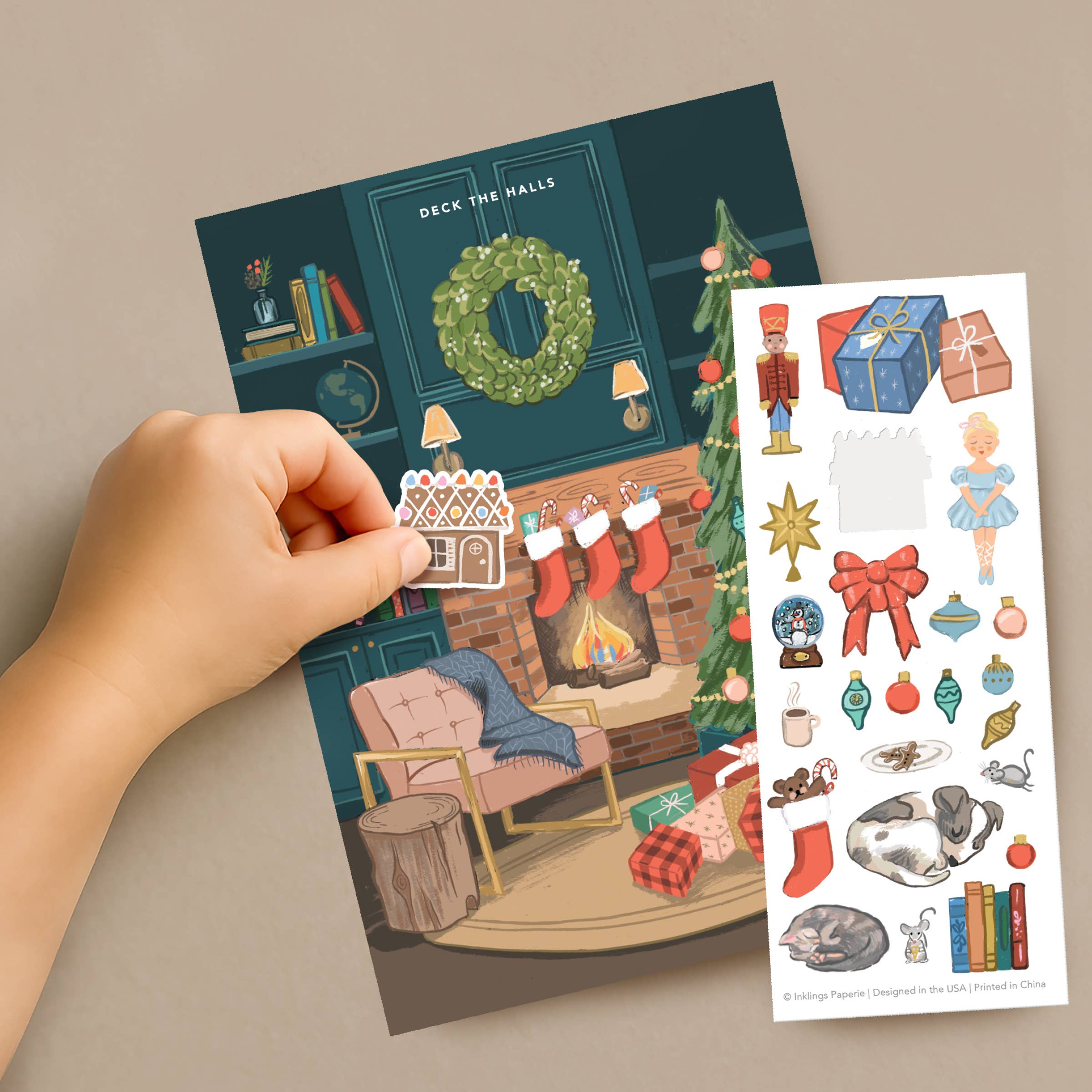 Inklings Paperie – postal de Natal por atacado – Cartão de Cena com Autocolantes - Lareira Aconchegante3