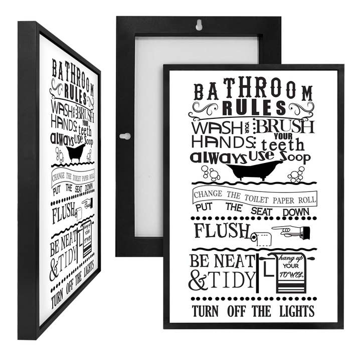 Bathroom Rules, Framed PVC Posterboard (CASE) for wholesale by ART BLVD