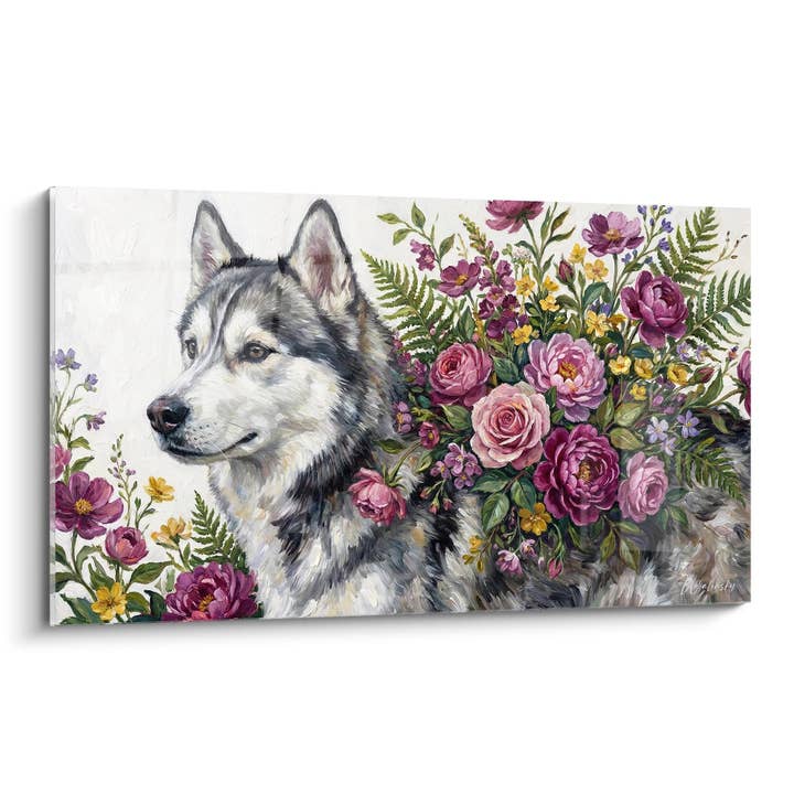 Tableau Husky Sibérien aux Yeux Bleus dans Bouquet de Pivoines - Portrait Floral - Edition Husky Sibérien pour la vente par Walensky