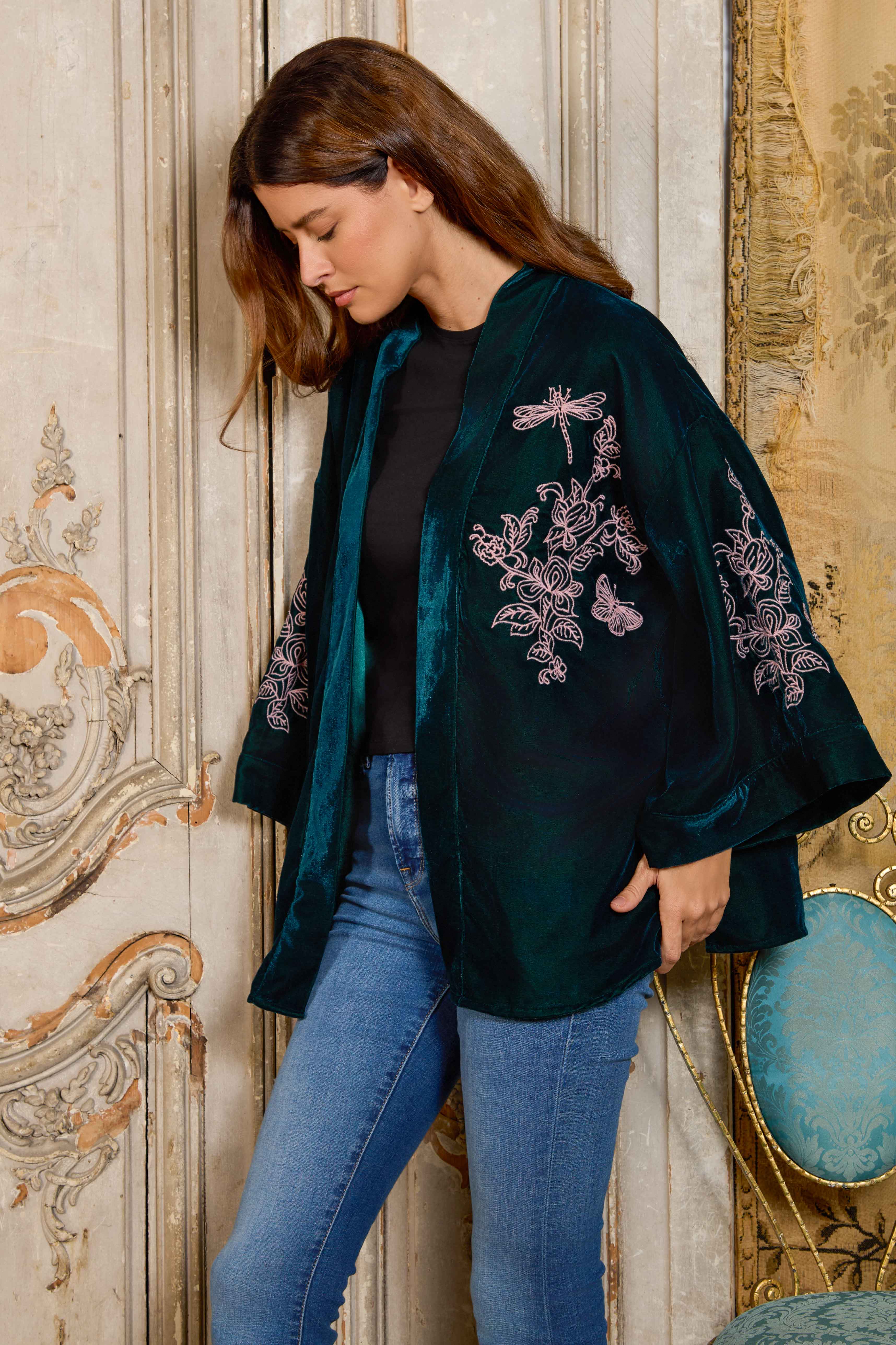 Artemis Muse - Wholesale Kimono - Women's - Wild Flowers & Butterflies Teal & Pink Velvet Embroidered Short Kimono1