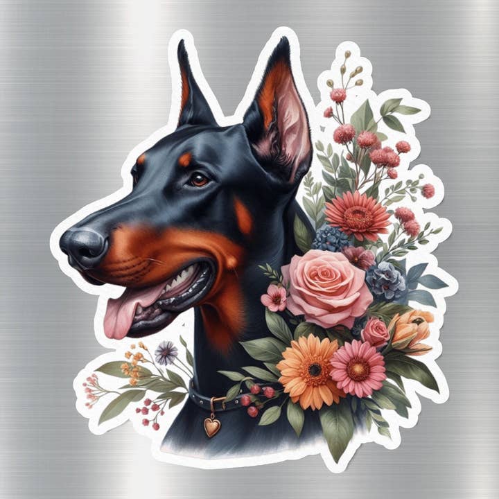 Floral Doberman Dog Sticker for wholesale by GraffMerch.com