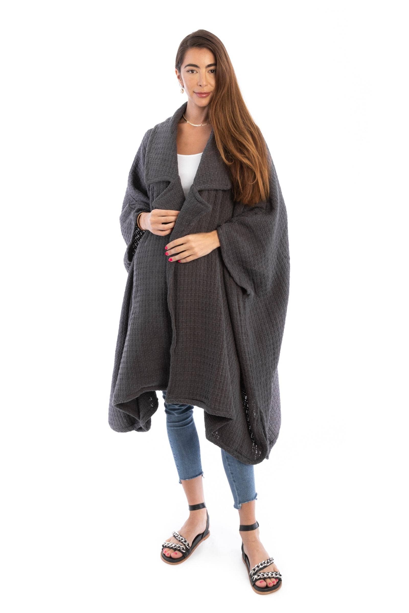 SAACHI - Wholesale Kimono - Women's - Comfy Oversized Waffle Knit Collared Jacket7