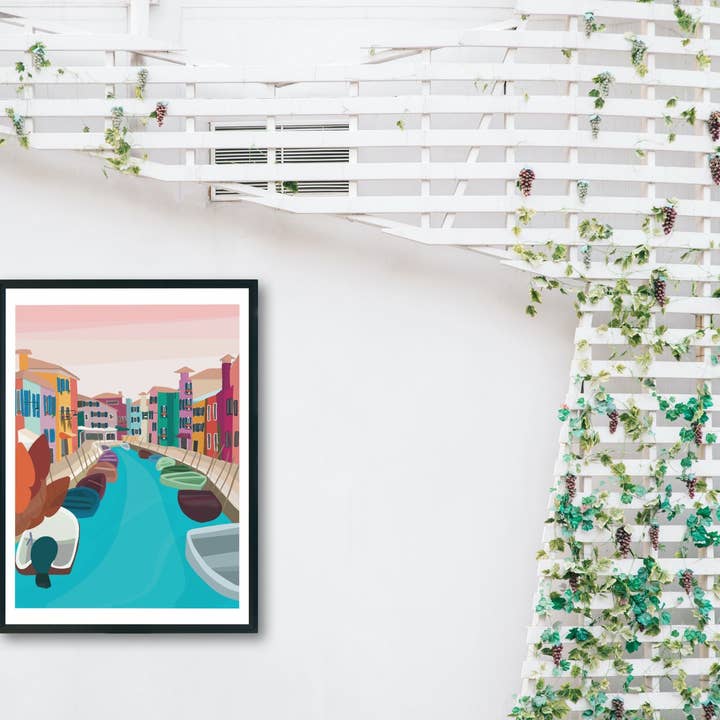 Burano Island Art Print| Italy Travel Poster| A6 A5 A4 A3| Italy Print | Travel Poster | Pink Orange Art| Framed- Unframed Art Prints for wholesale by Xenhome