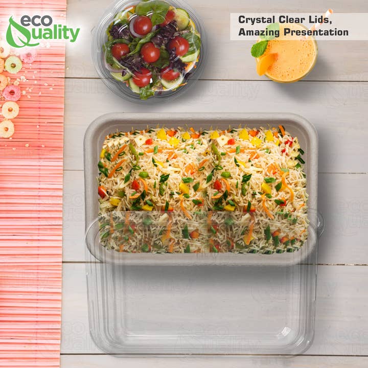 EcoQuality - Wholesale Food Storage Container - 34oz Sugarcane Fiber Bowl with Plastic Lid Compostable Disposable Oblong Food Prep Storage