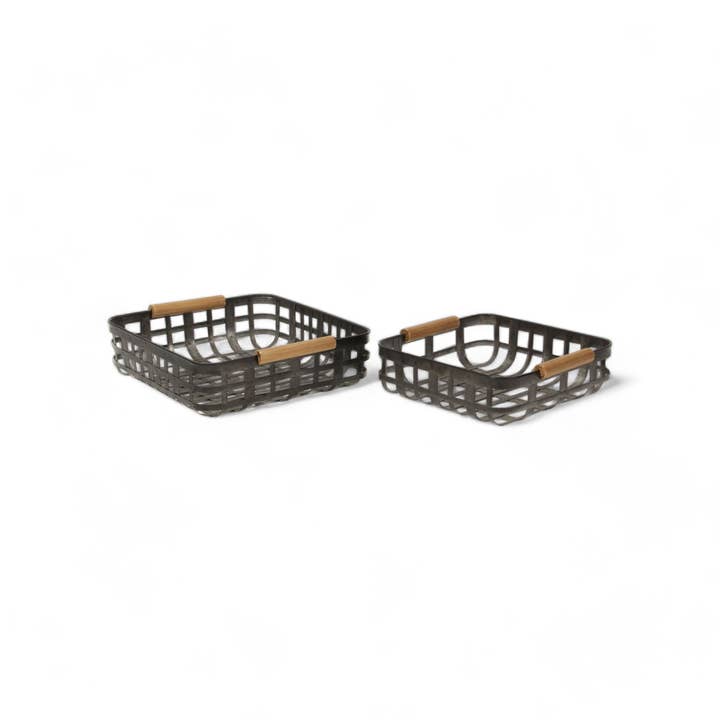 Cheungs Home Decor – wholesale Decorative tray – Set of 2 Galvanized Metal Trays - Wood Handles - Grey