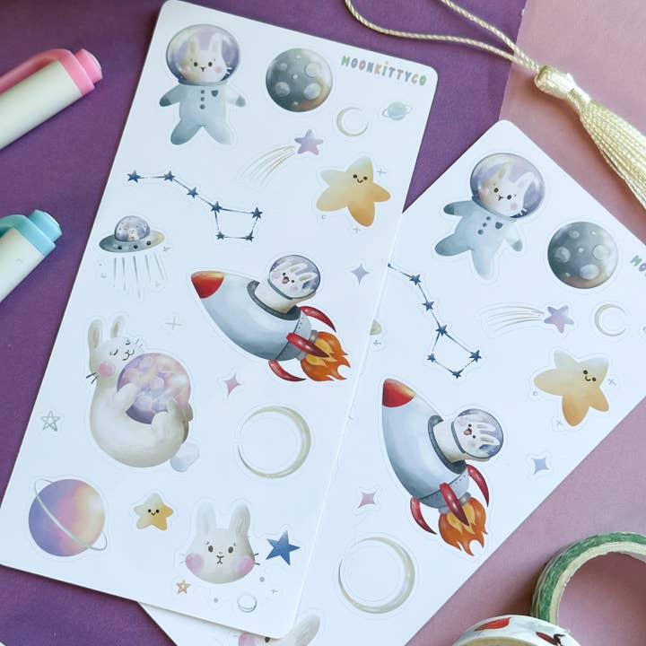 Space Bunny Sticker Sheet | Astronaut stickers | Bujo Deco for wholesale by MoonKittyCo
