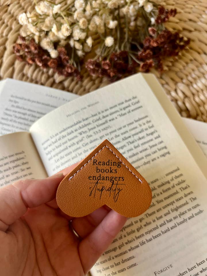 Reading Books endangers stupidity Leather Heart Bookmark Ear for wholesale by Rustic Raleigh