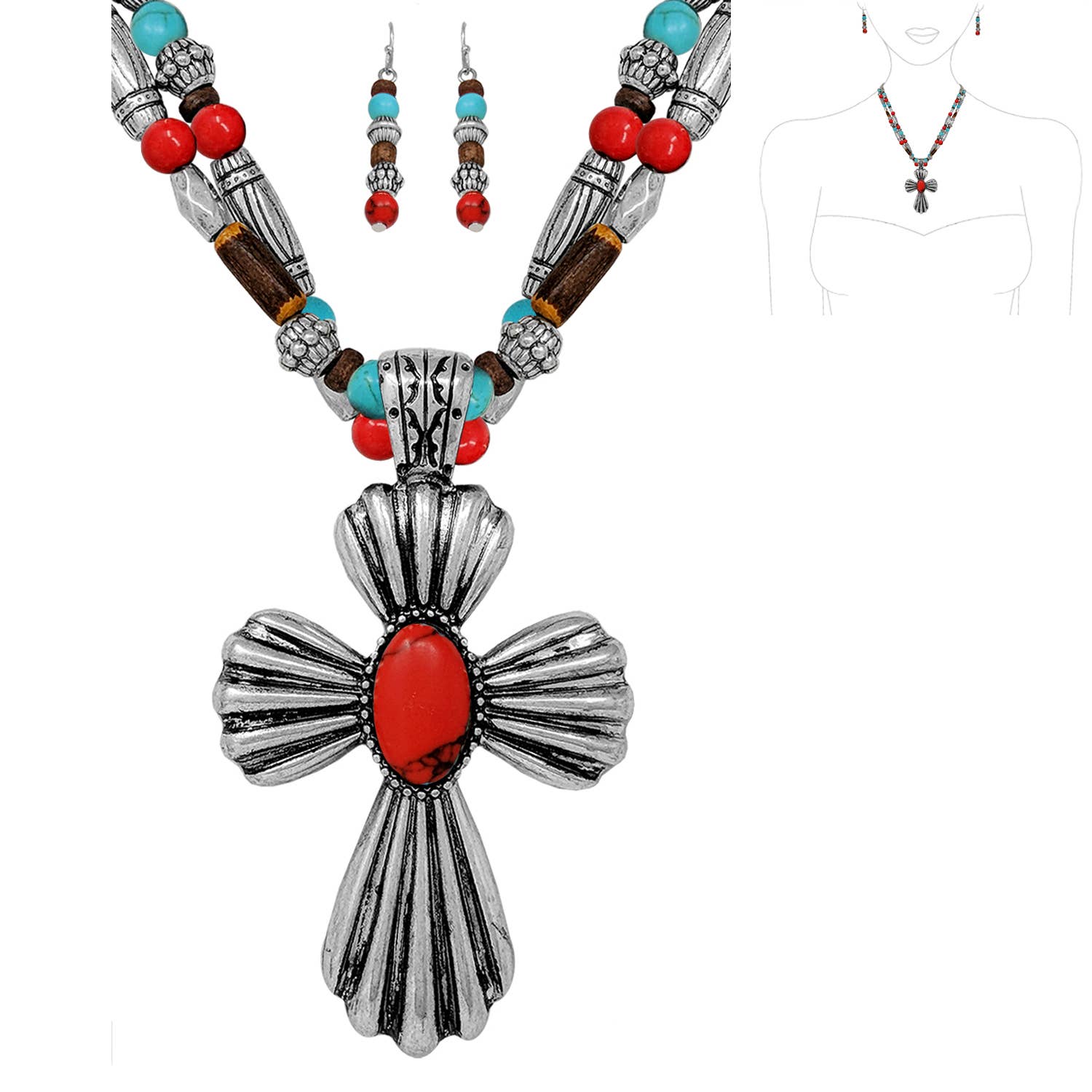 SP Sophia Collection - Wholesale Jewelry Set - Western Cross Beaded Necklace and Earrings Set0