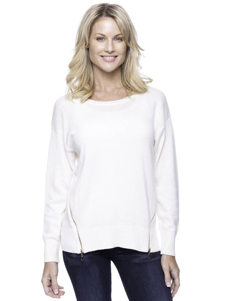 Cashmere Blend Crew Neck Sweater with Side Zip - Cream for wholesale by Tocco Reale