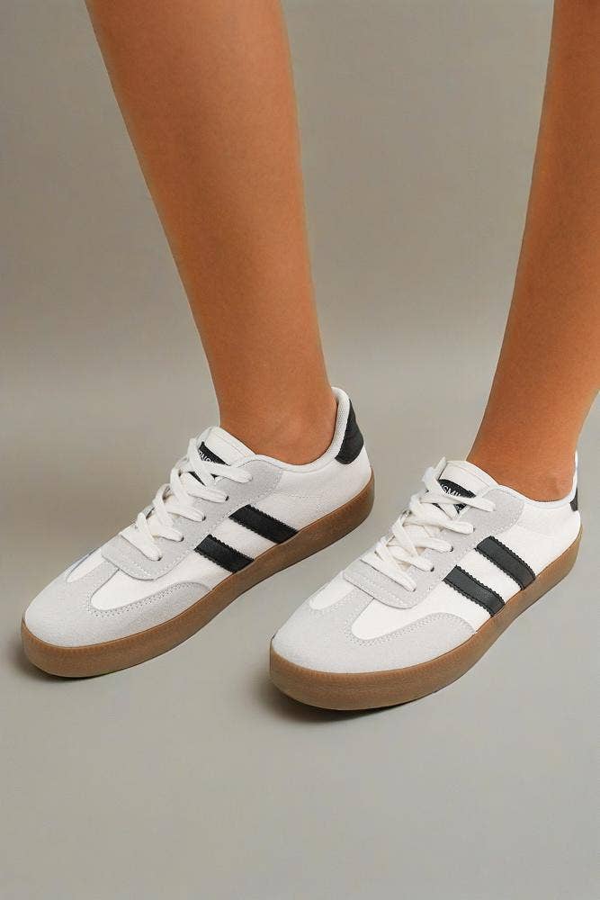 White Casual Striped Lace-Up Flat Sneakers for Women for wholesale on Faire2