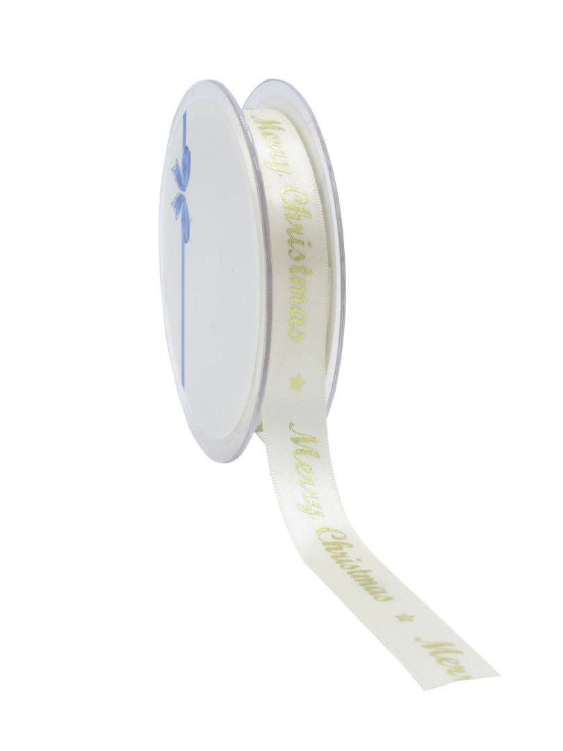 kadopapier.net - Vendita all'ingrosso Nastri - Confezione regalo - Nastro di raso avorio con stampa « Merry Christmas »1