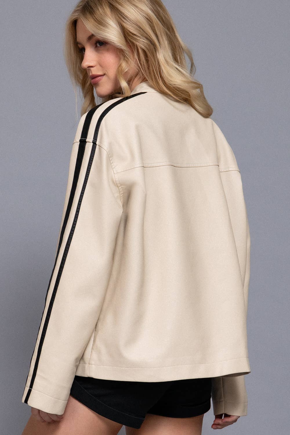 Active Basic | Active USA - Wholesale Leather Jacket - Women's - Long Sleeve Line Detail Washed Effect Faux Leather Jacket10