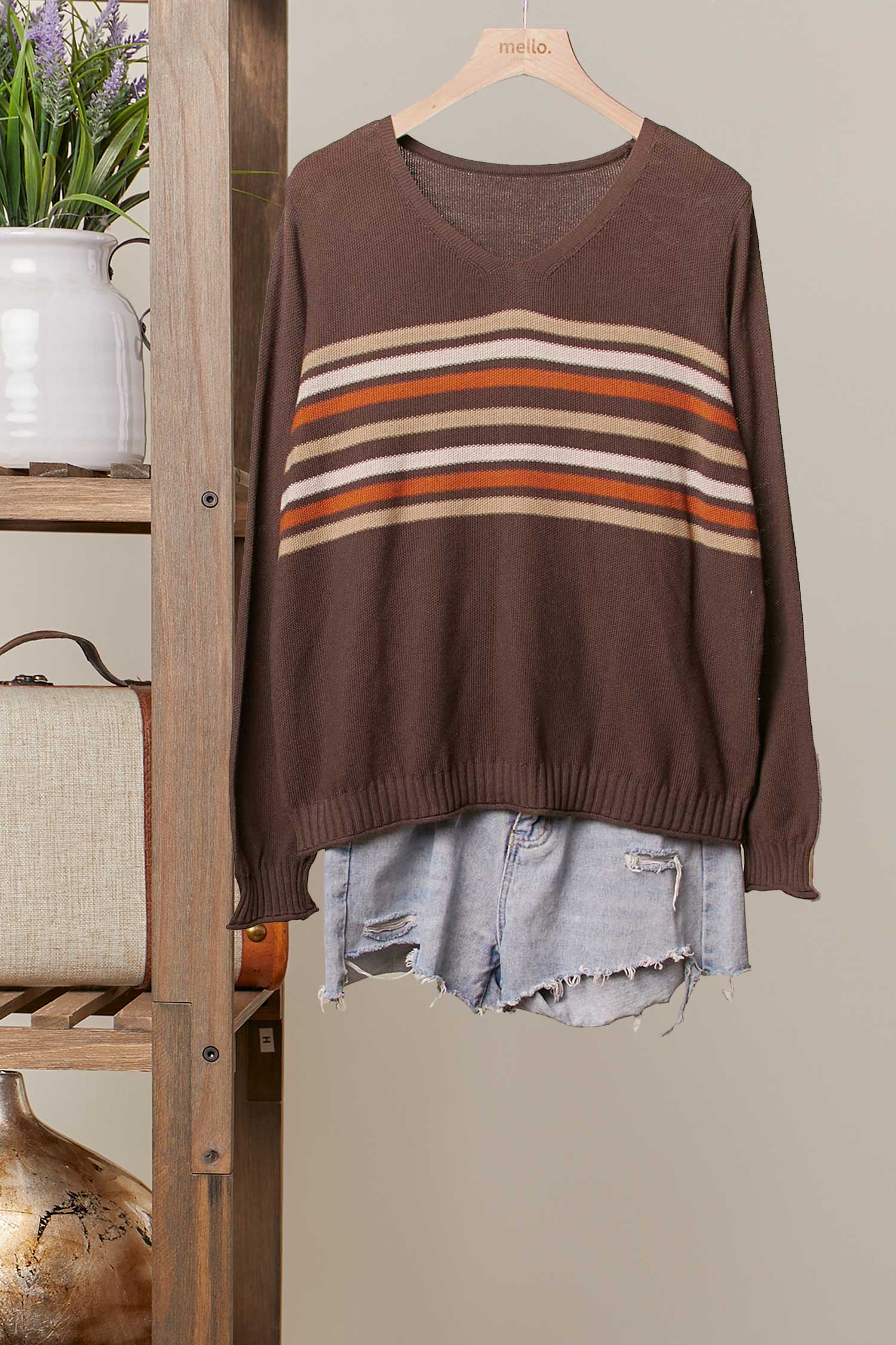 Mello. - Vente Pull en maille – femme - Pull léger en maille rayée0