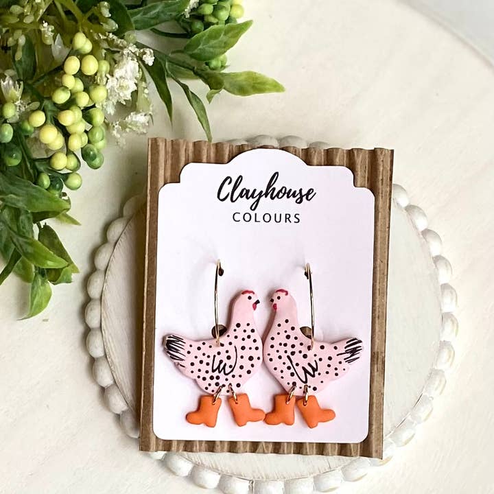 Clayhouse Colours - Wholesale Dangle Earrings - Chicken with Boots Hoops2