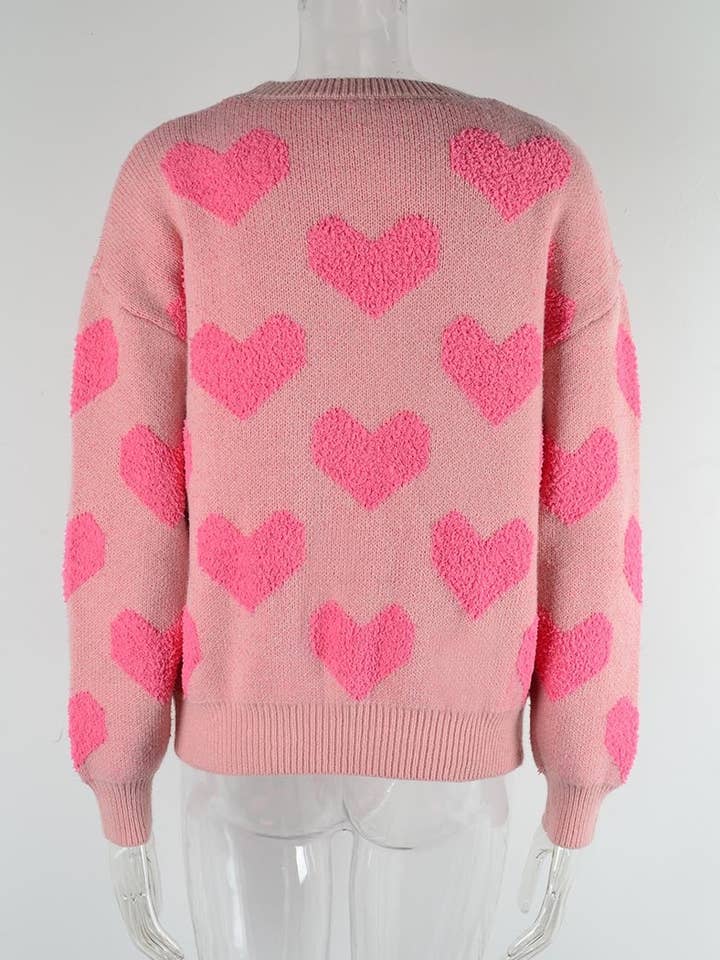 PINK Heart Pattern Crew Neck Sweater Valentine's Day for wholesale on Faire1