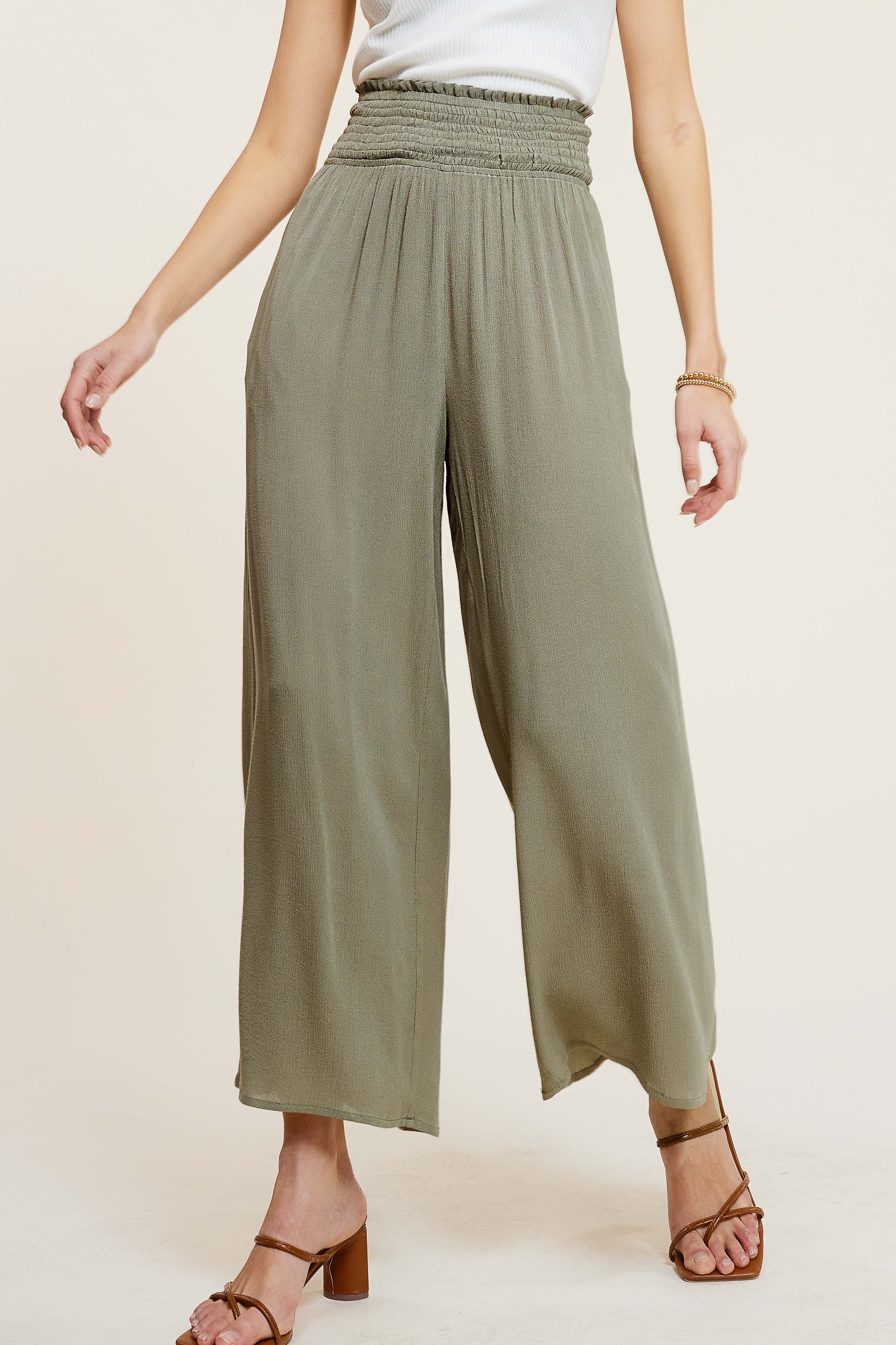 La Miel - Wholesale Pants - Women's - JCP4226-Wide Leg Smocked Elastic Waist Pants With Pockets9