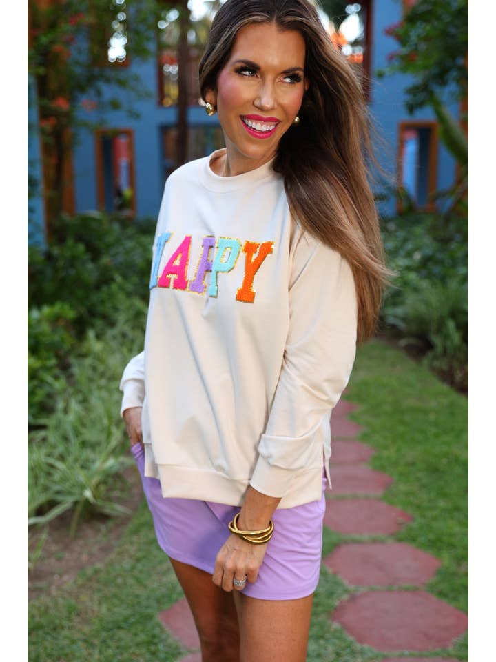 Taupe Happy Patch Pullover for wholesale on Faire8