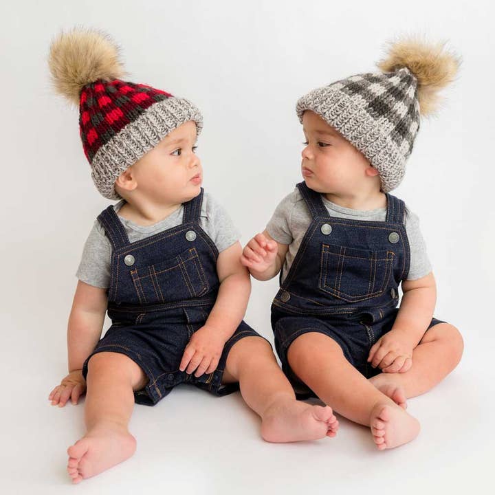 Huggalugs - Wholesale Beanie - Kids - Grey Buffalo Check Pom Pom Beanie Hat Baby & Kids