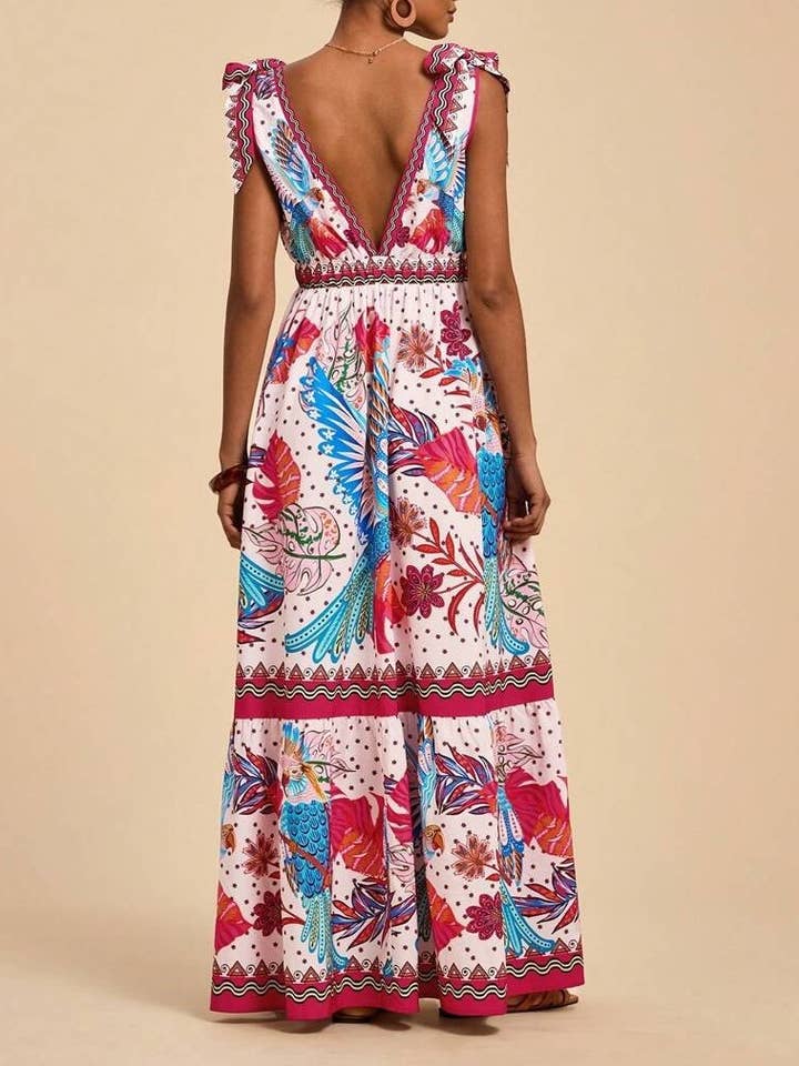 Rosa Clothing - Wholesale Dress - Women's - straps shoulder Tropical Floral print resort maxi dress5
