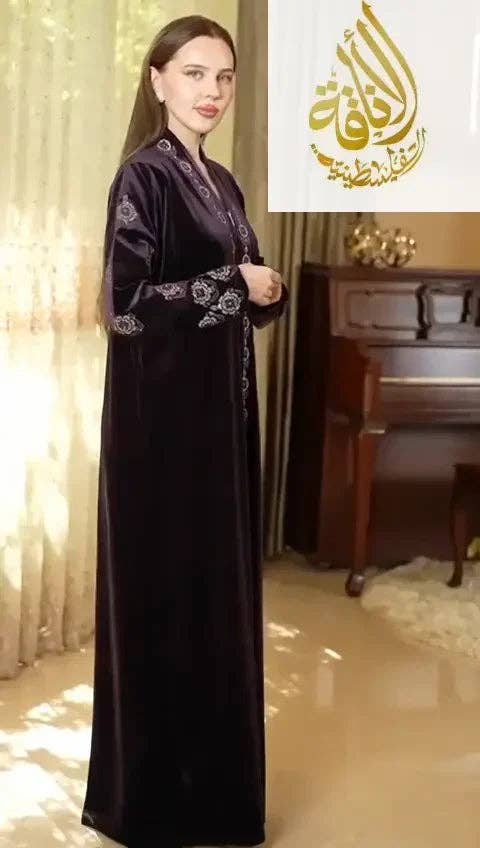 Palestinian Elegance - Wholesale Kaftan - Women's - Purple Embroidered Velvet Abaya - Women's Luxurious and Elegant Fashion2
