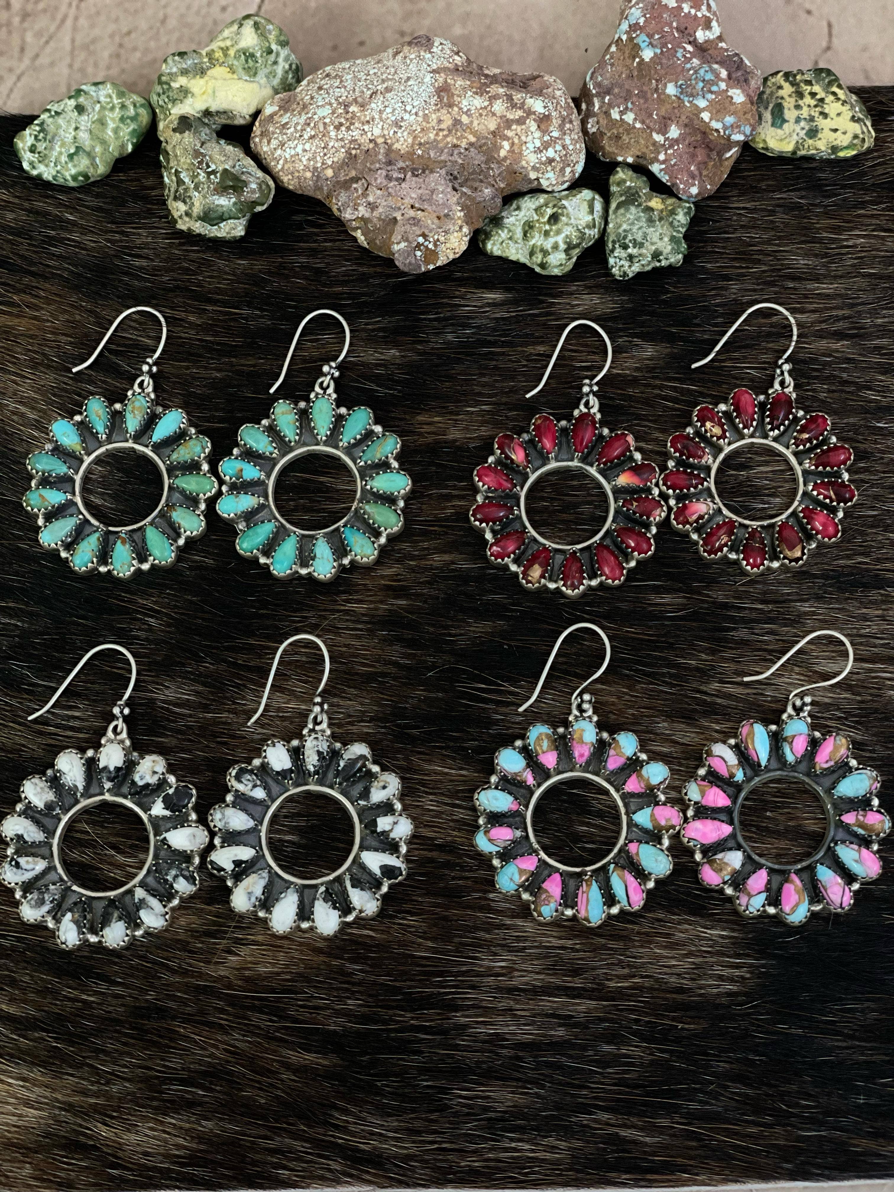 Nizhonitradersllc – wholesale Dangle earrings – Handmade Sterling Silver Cotton Candy, Red Rose Dahlia, White Buffalo, Kingman Turquoise Circle Dangle Earrings with Signed Nizhoni7