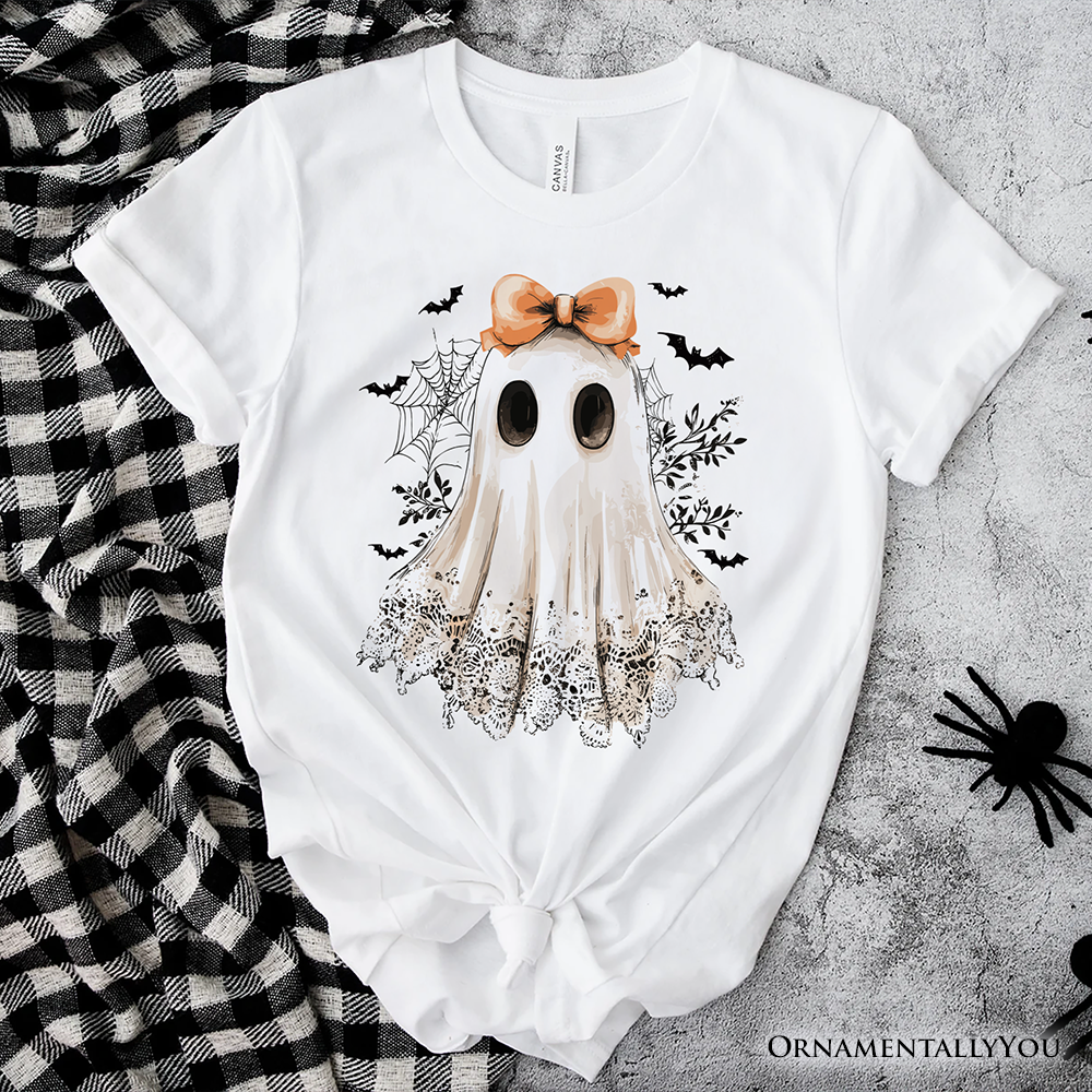OrnamentallyYou - Wholesale Screen Printed T-Shirt - Women's - Coquette Ghost T-Shirt, Cute Halloween Tee for Girly Ghouls0