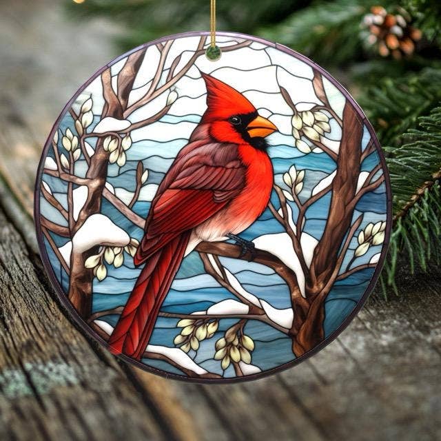 Peeping Tom's Cottage - Wholesale Ornament - Cardinal Christmas Ornament – Porcelain Stained Glass Look – Double Sided – Sold Individually or as Set of 76