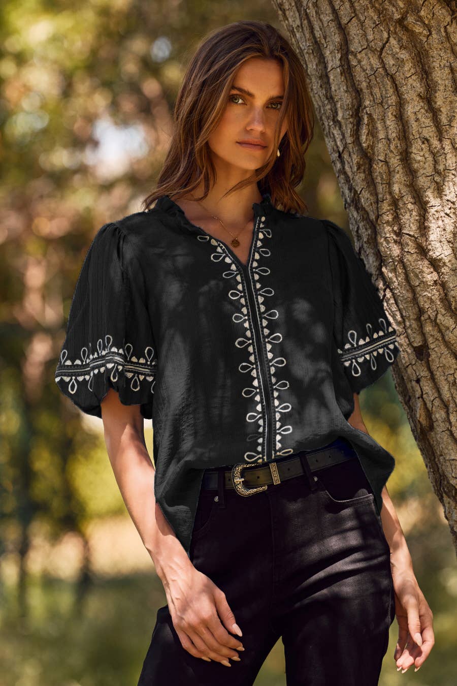 Oddi - Wholesale Blouse - Women's - Solid Embroidered Short Bubble Sleeve Blouse0