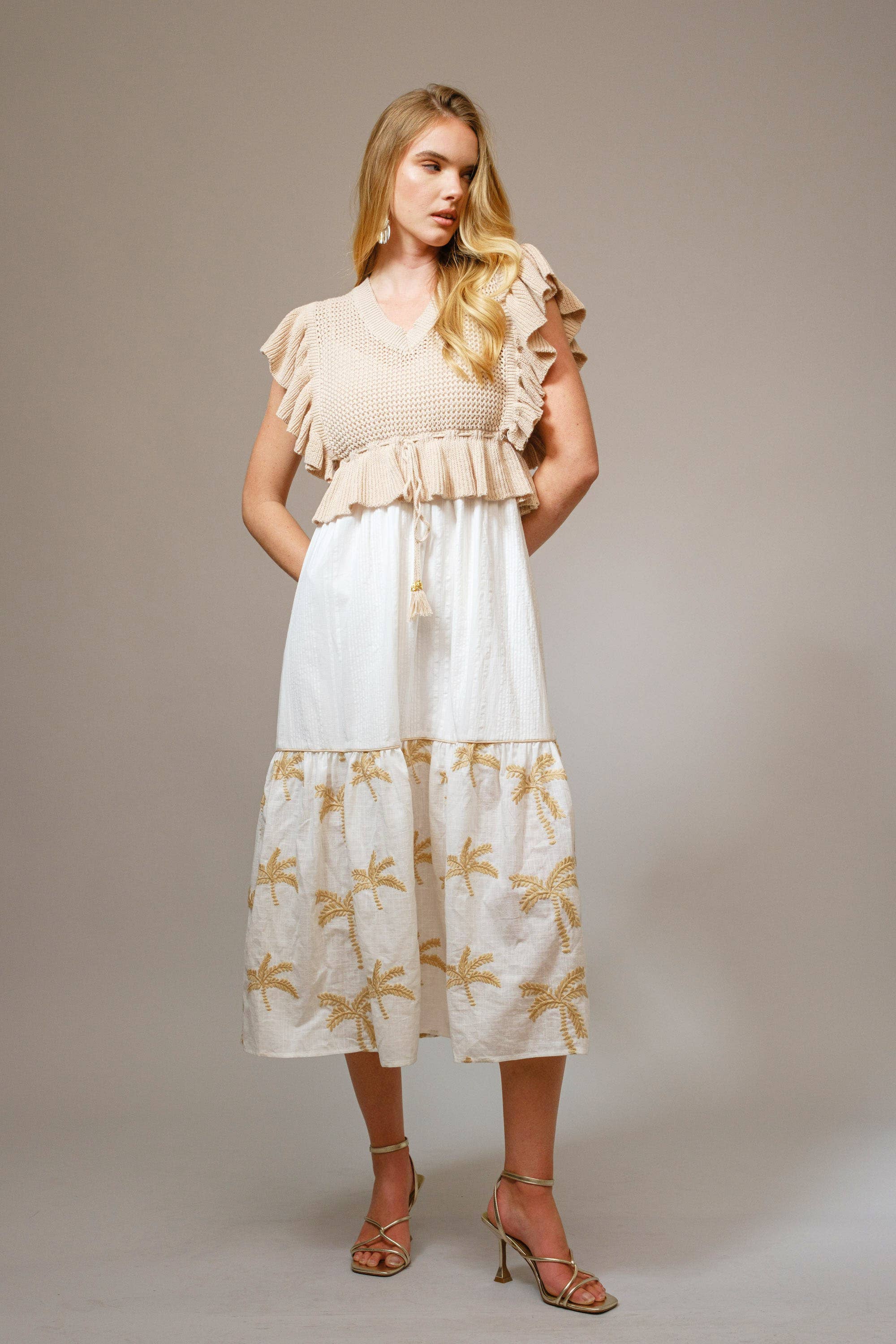 TAUPE 36828SET - Open Knit Embroidered Midi Dress Set for wholesale on Faire3
