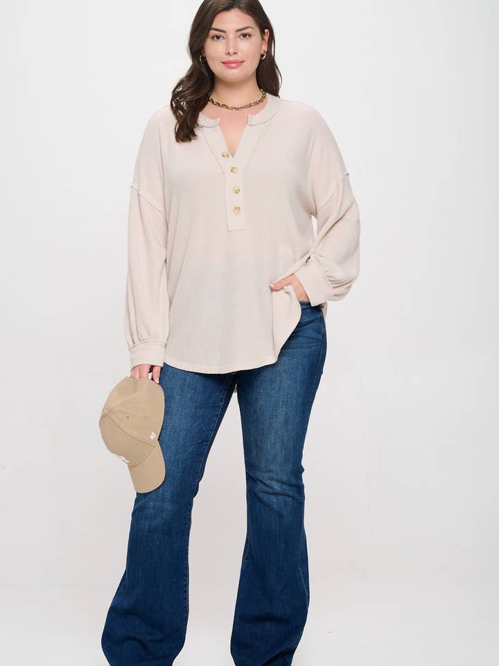 Blu Pepper - Wholesale Knit Top - Women's - PLUS V NECK HALF BUTTON LONG SLEEVE KNIT TOP