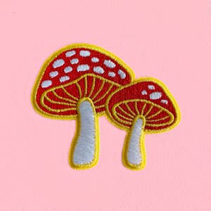 Pink Mushroom Game Embroidered Iron on Patch.
