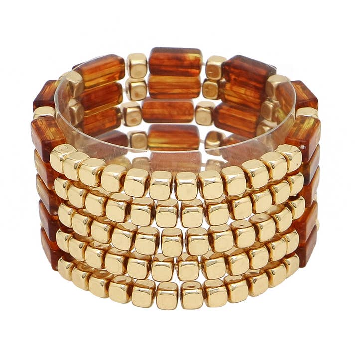 Skildpaddebrunt akrylrektangel og guldperlesæt med 5 strækarmbånd for engroshandel hos What's Hot