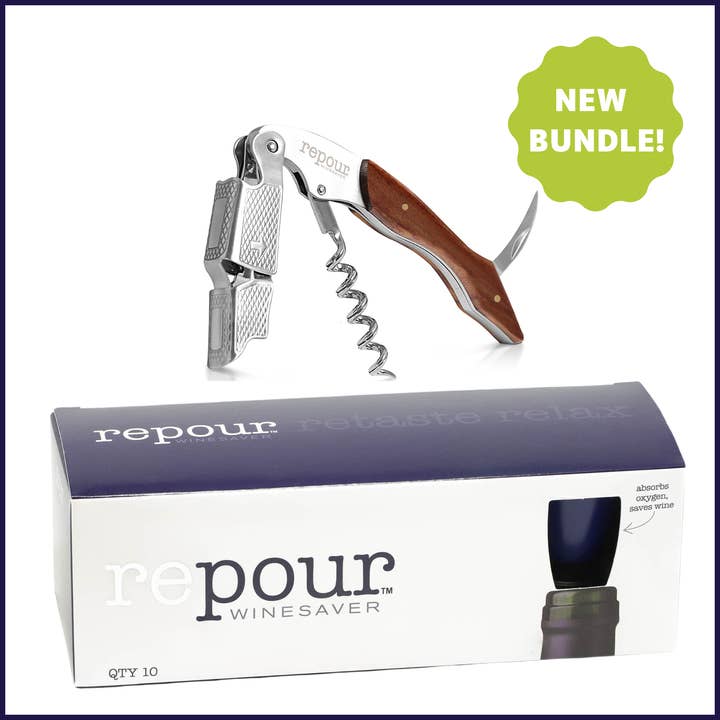 Wine Essentials Combo Pack – Premium Corkscrew & Repour 10-pack for wholesale by Repour