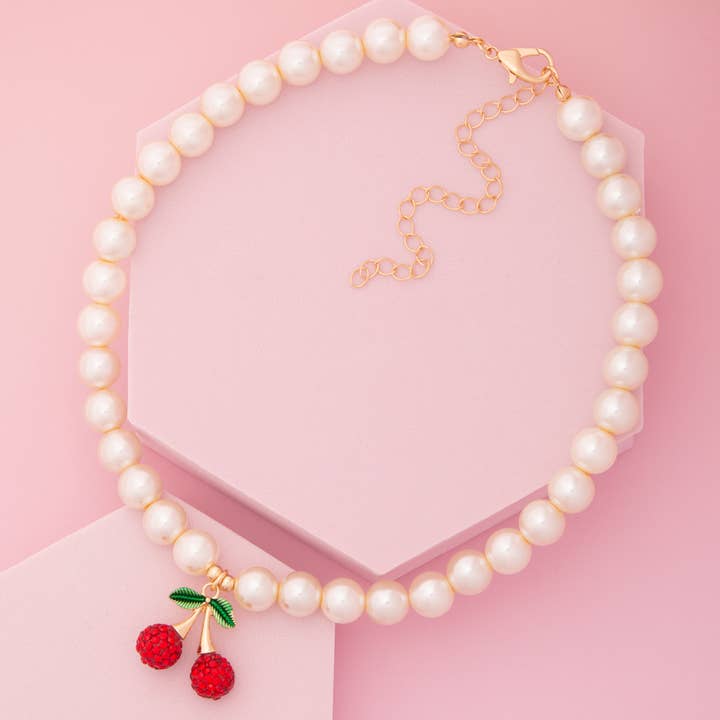Rhinestone Pave Cherry Pendant Pearl Necklace for wholesale by SP Sophia Collection