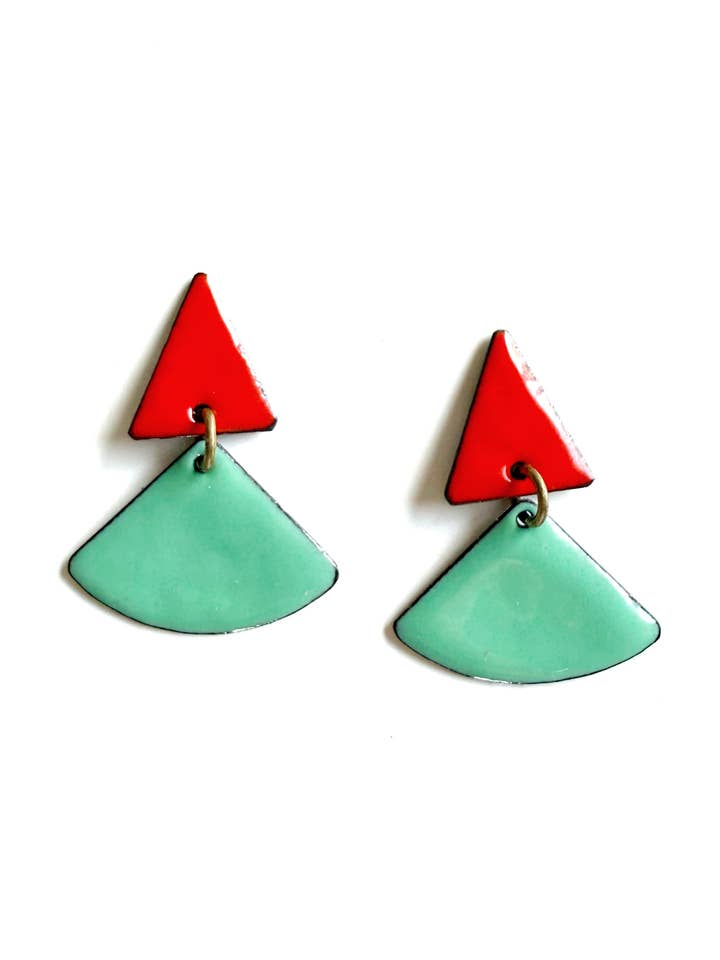 Aqua and Red Triangles Enamel Earrings for wholesale by Courtney Fischer Jewelry