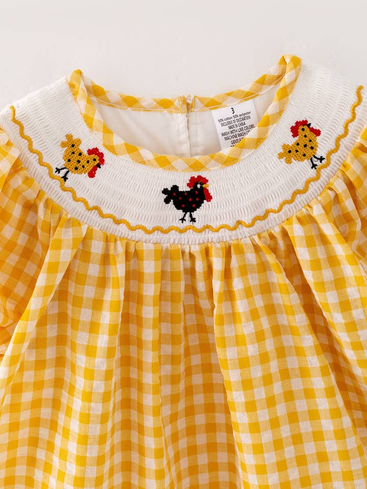 Rylee Faith Designs - Wholesale Dress - Kids - Chicken Smocking Embroidered Yellow Plaid Girls Dress2