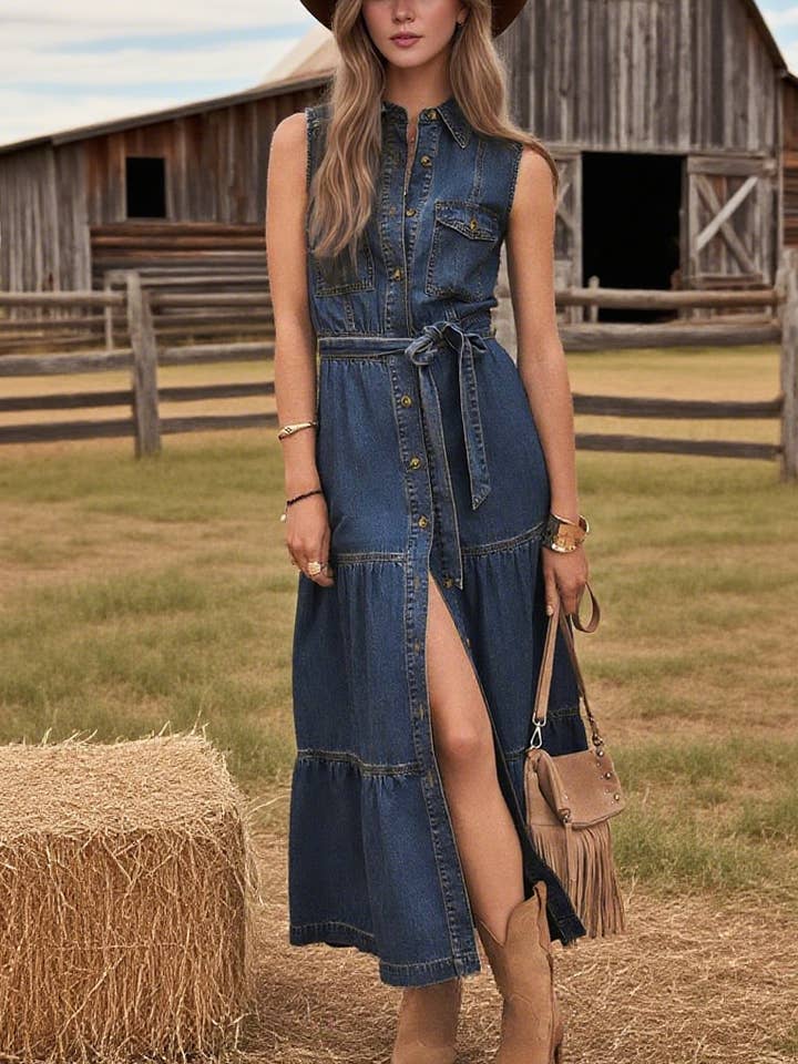 DARKBLUE CWDMD6375_SLEEVELESS DENIM SINGLE BREASTED LONG DRESS for wholesale on Faire0