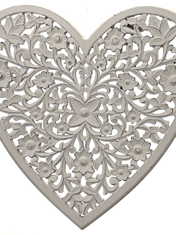MDF Wood Wall Art - Heart Floral Vintage White Large (24") for wholesale by Jafsons International