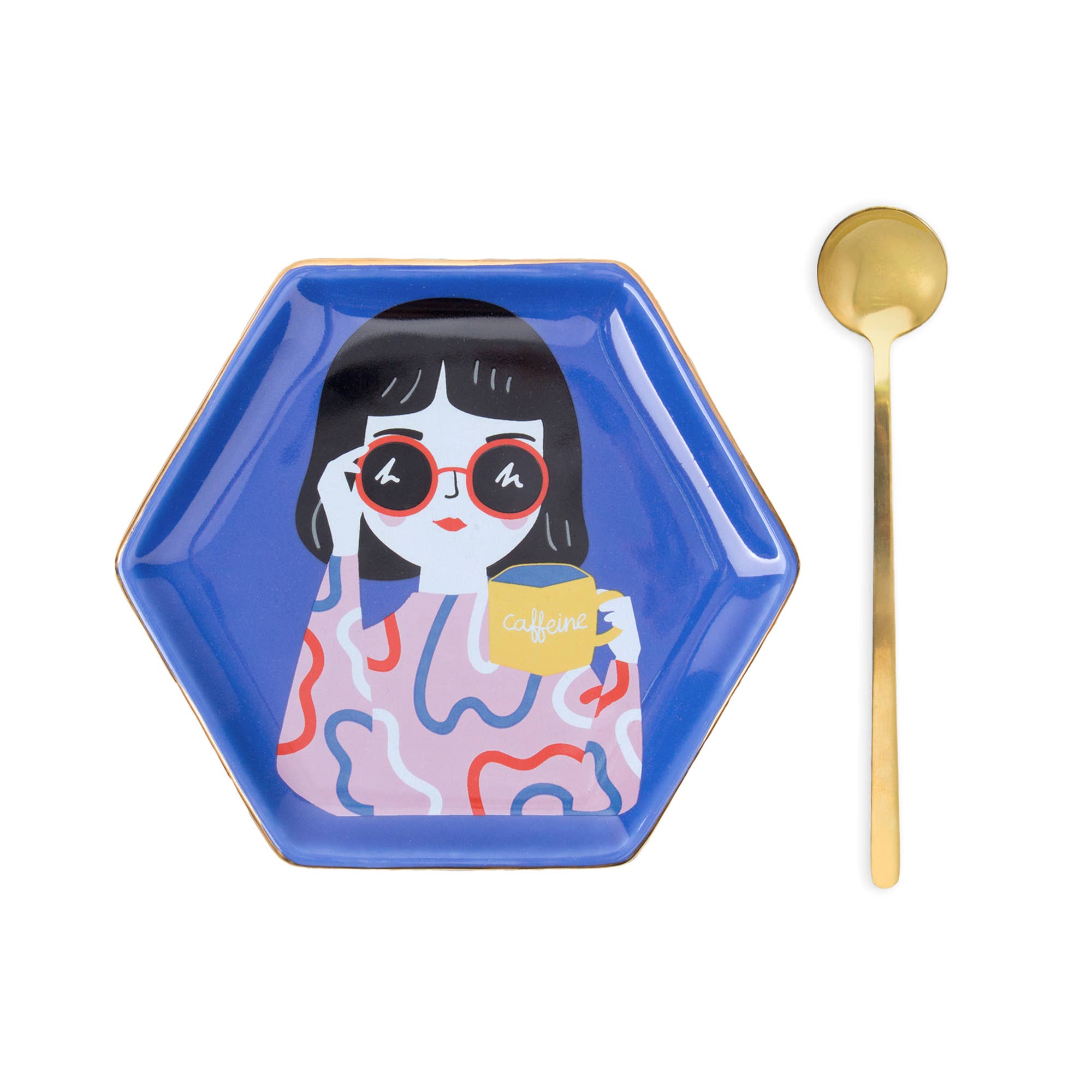 Helio Ferretti - Venta al por mayor Taza - Juego de taza hexagonal y bandeja de porcelana pintada a mano - HF3