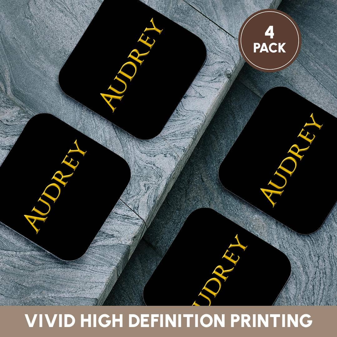 3dRose - Wholesale Coasters - 3dRose, Audrey beautiful female American name. Yellow on black charm, Coaster12