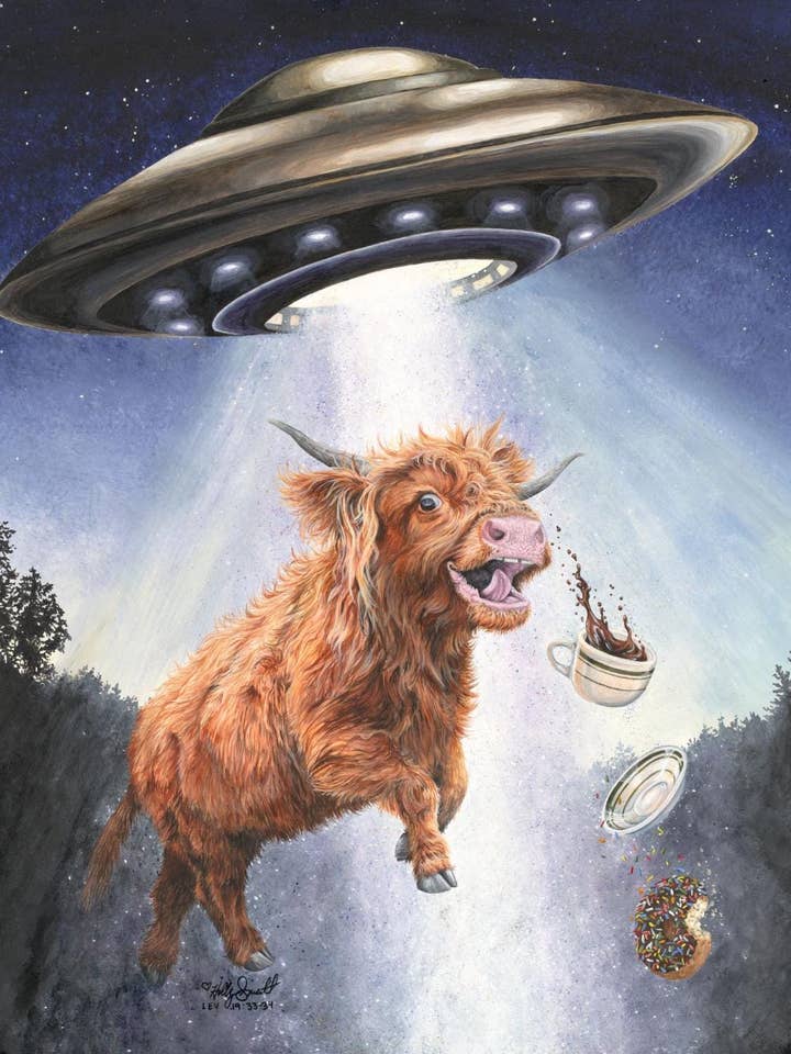 Ufo west highland Cow Coffee Space signed archival print for wholesale by Holly Simental