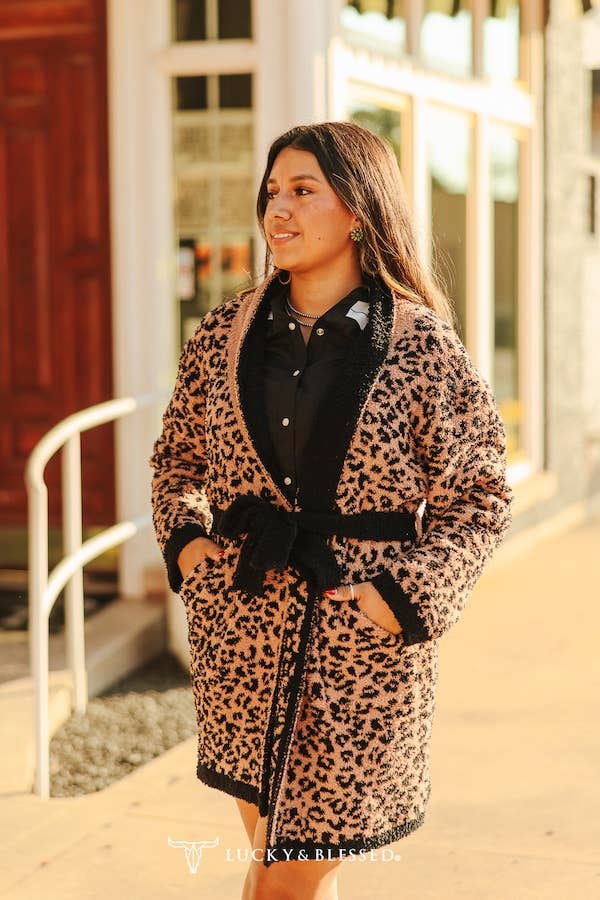 LUCKY & BLESSED – wholesale Kofta - Dam – Brun leopardmönstrad stickad kofta