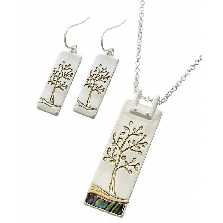 FR2420 Green Tree of Life Tri-Tone Rectangle Necklace Set for wholesale by 0011 PREMIERE