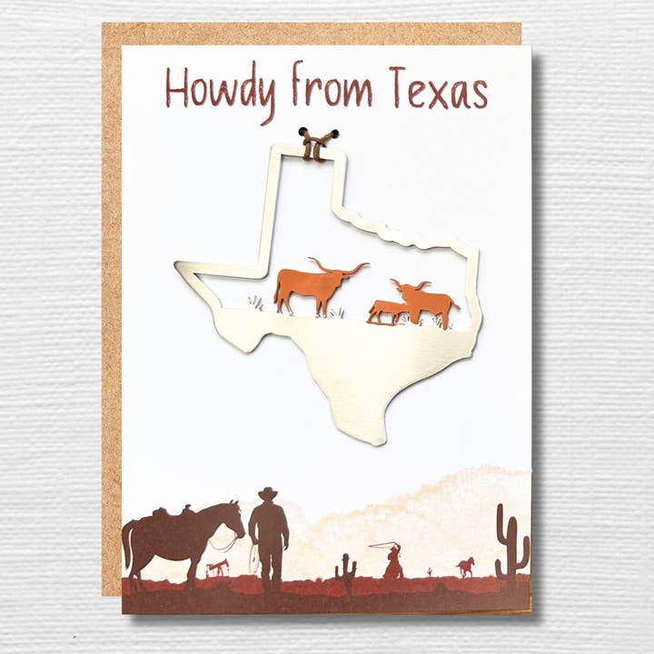 TX Longhorn Ornament- Howdy from Texas 5x7 Greeting Card for wholesale by Authenticaa