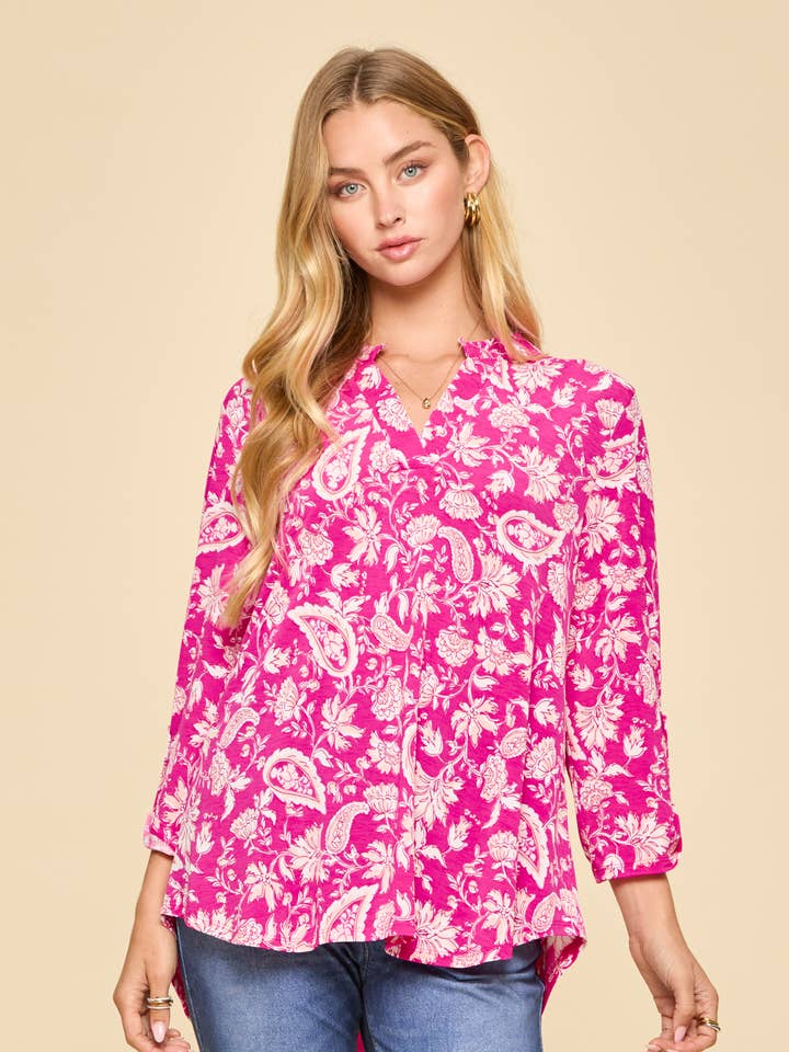 Paisley Print Mandarin Collar 3/4 Sleeve Blouse for wholesale by Dear Scarlett