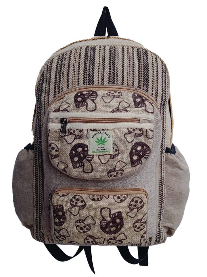 Mushroom Printed Hippie Boho Hemp Cotton Backpack Bag for wholesale by The Collection Royal / Royal Handicrafts