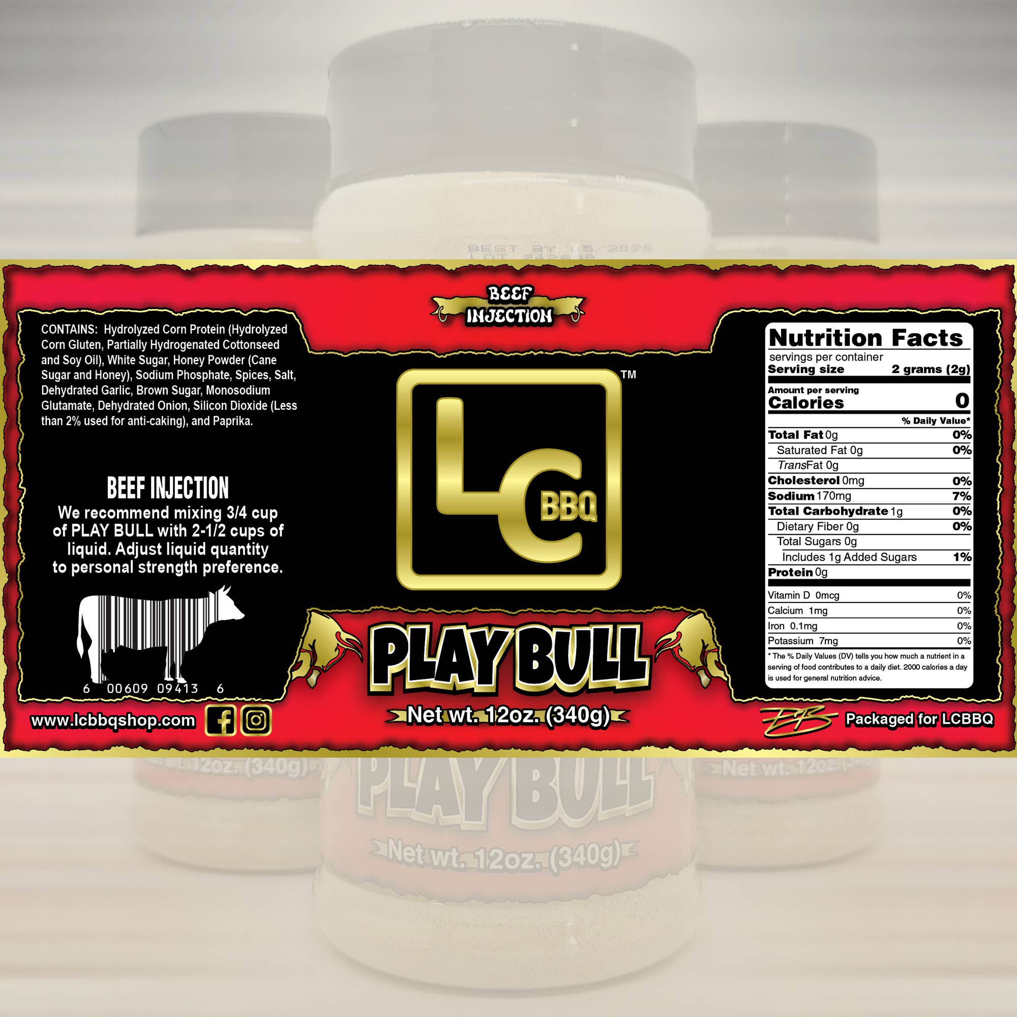 LC BBQ - Wholesale Rub - PlayBull - Competition Brisket Injection - 12oz shaker1